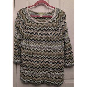VTG Sigrid Olsen Crochet Sweater Womens 1X Plus Green Earth Tone Chevron Y2K
